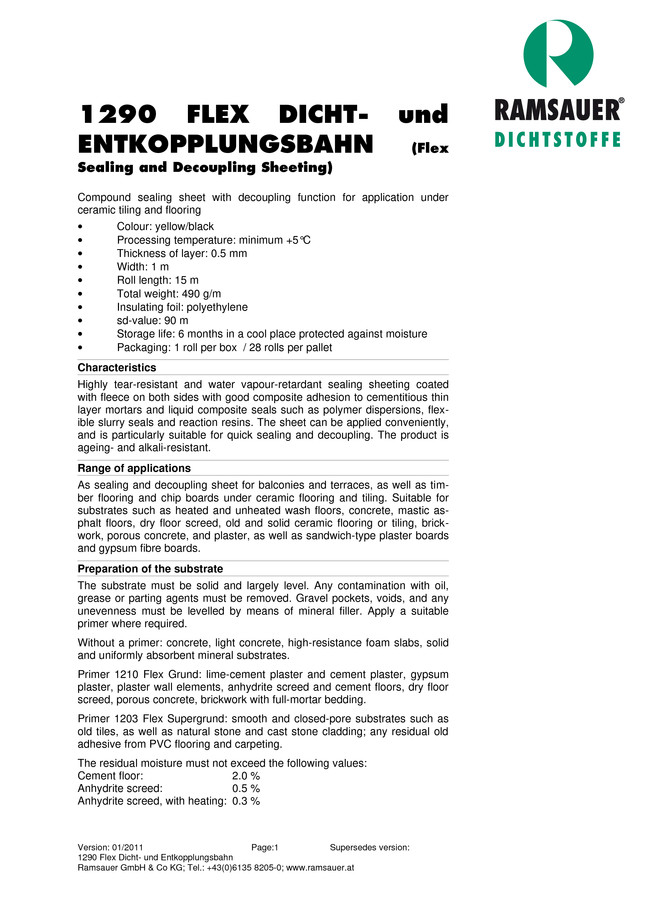        1290 Flex Dicht- Und Entkopplungs- Bahn - technical data sheet