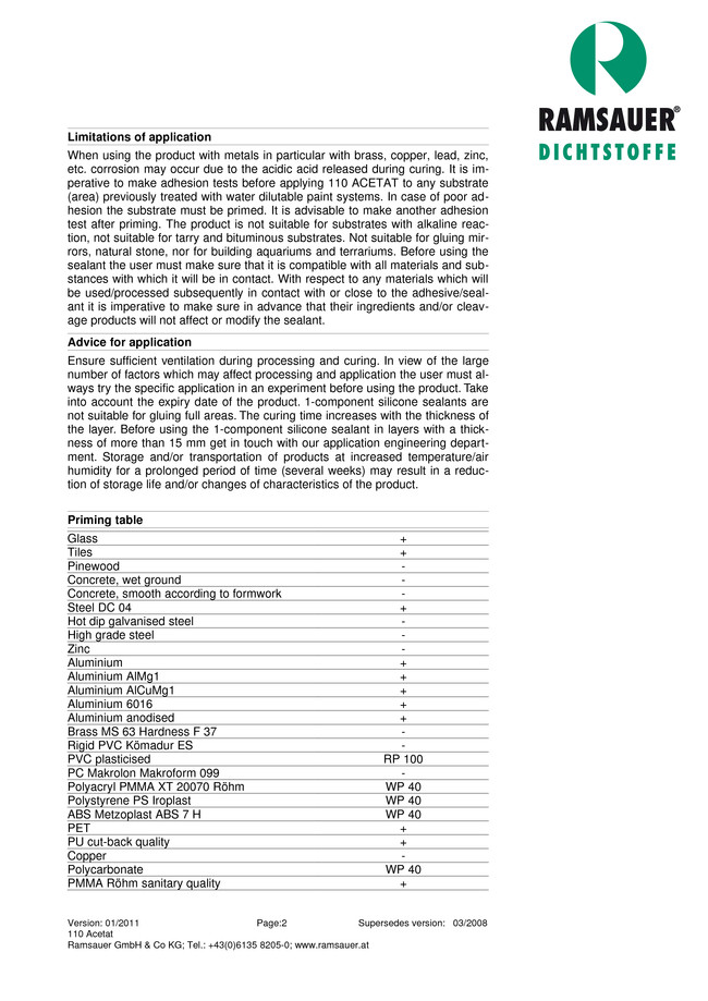         110 Acetat - technical data sheet