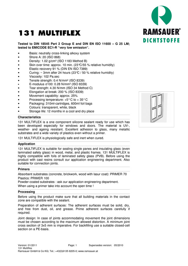 Силиконовый герметик для окон и стеклянных конструкций 131 Multiflex - technical data sheet