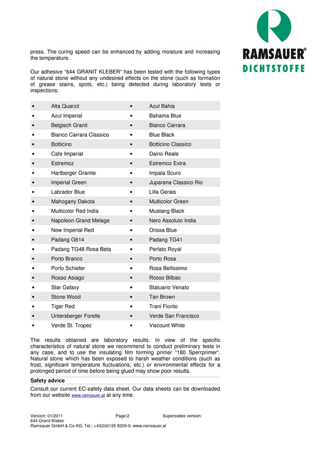     ,     644 Granit Kleber - technical data sheet