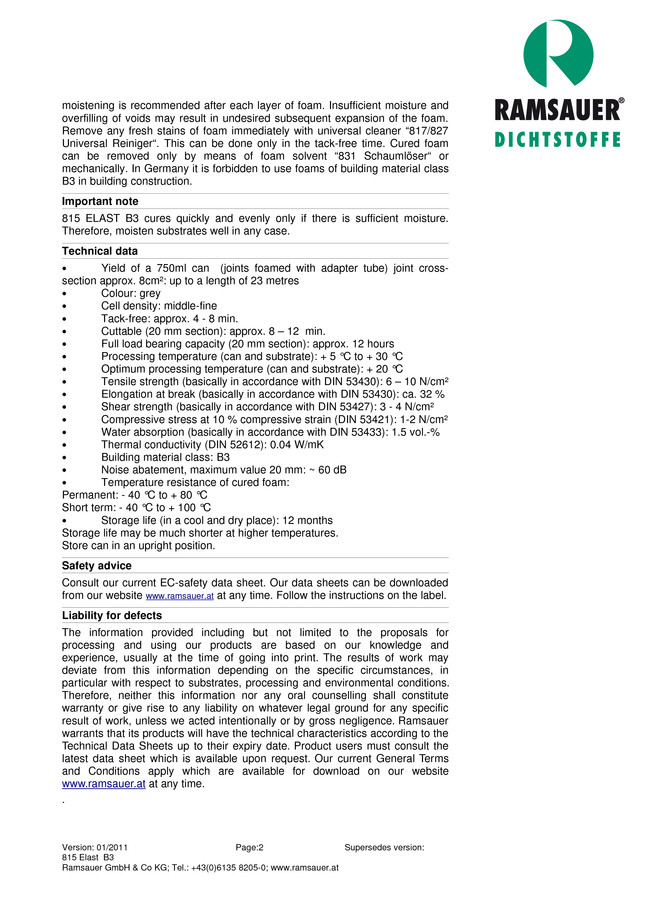 1-     815 Elast Pistolenschaum - technical data sheet