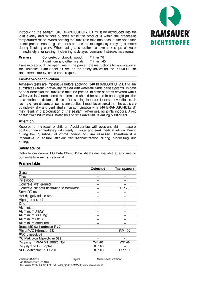 ,    340 Brandschutz - technical data sheet