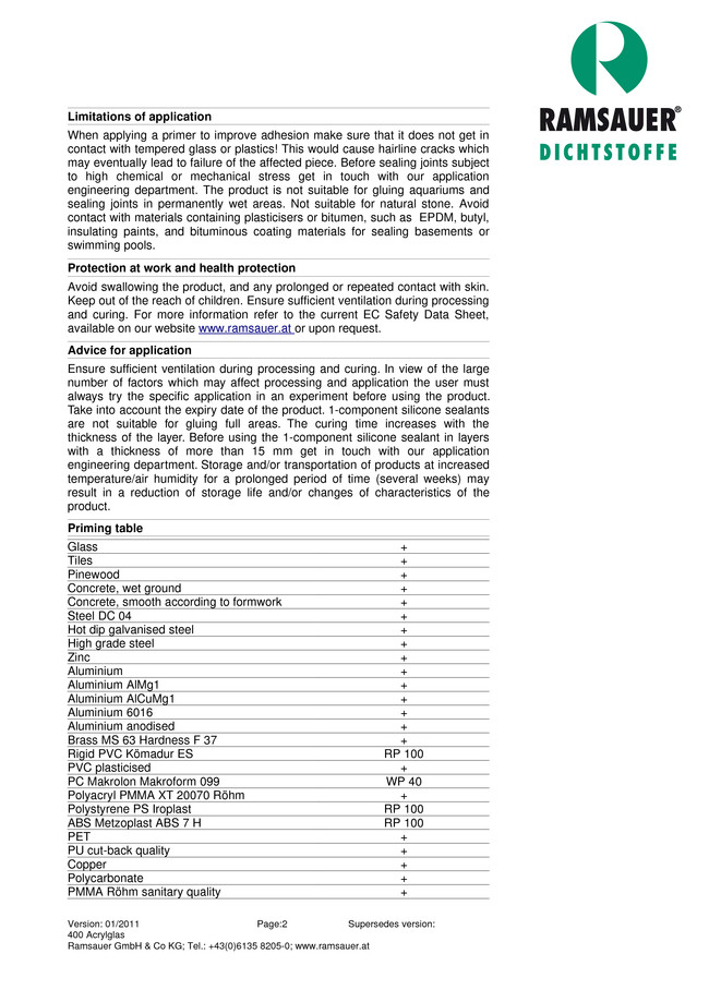        - 400 Acrylglas - technical data sheet