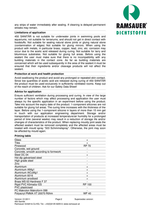    450 Sanitär - technical data sheet