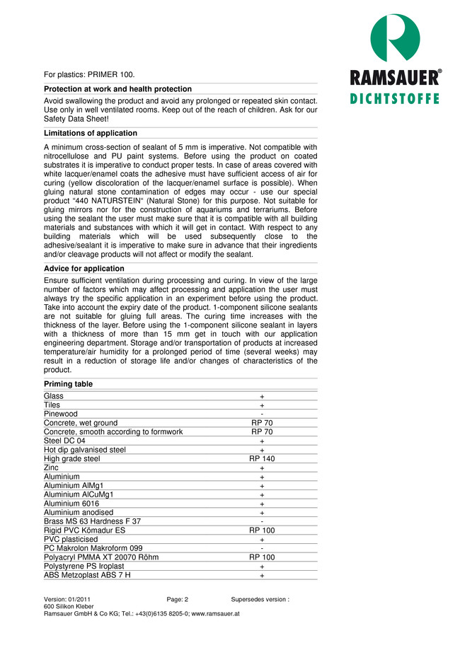   600 Silikon Kleber - technical data sheet