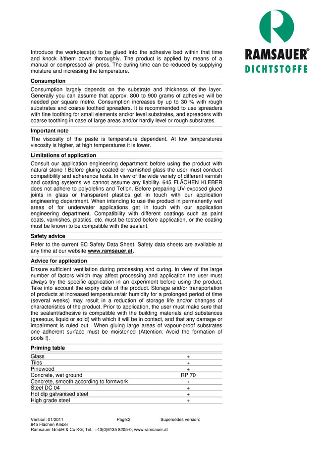 MS-   645 Flächen Kleber - technical data sheet