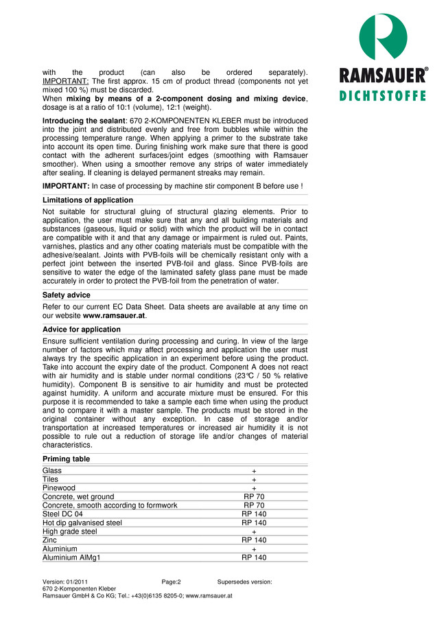 2-         670 2-Komponenten Kleber - technical data sheet